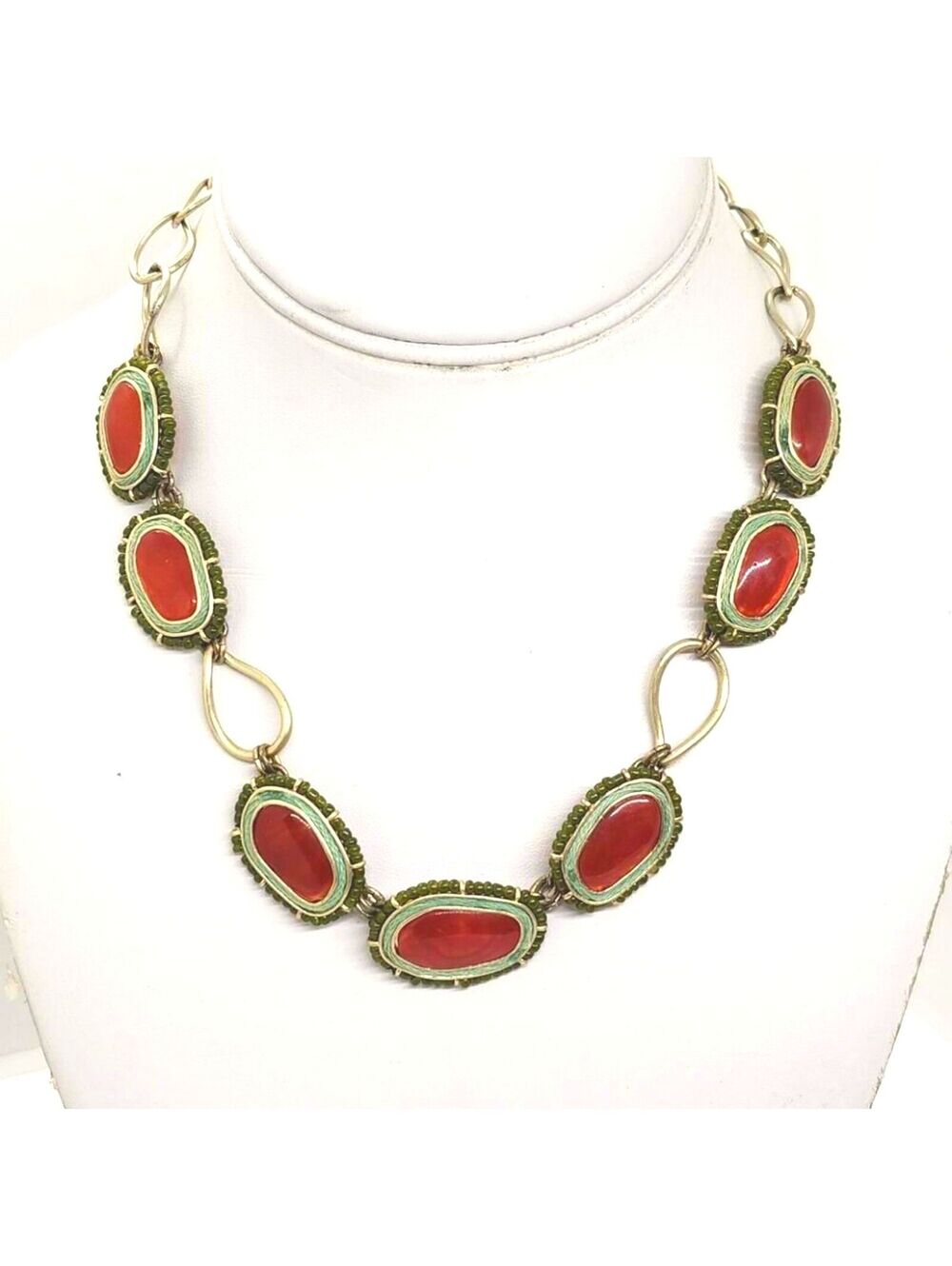 VTG Liz Claiborne Red Green Statement Necklace Silver Tone